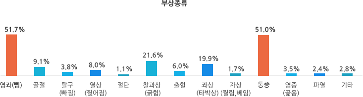 염좌(삠):51.7% 골절:9.1% 탈구(빠짐):3.8% 열상(찢어짐):8.0% 절단1.1% 찰과상(긁힘):21.6% 출혈:6.0% 좌상(타박상):19.9% 자상(찔림,베임):1.7% 통증:51.0% 염증(곪음):3.5% 파열:2.4% 기타:2.8% 